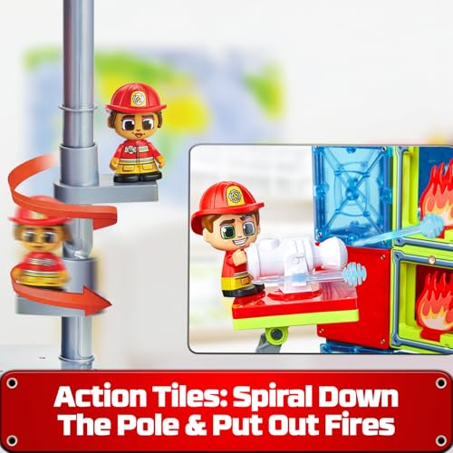 Tile Town Fire House + Firetruck Magnetic Tiles Building Playset & Vehicle w/ Lights & Sounds + Figures, Kids 3-5+ - Image 4