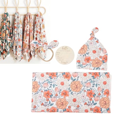 鮮やかな花柄の新生児用おくるみブランケットセット、帽子とヘッドバンド付き、心地よく通気性があり、男の子と女の子の赤ちゃんへのギフトに最適です。 (タイプ1)