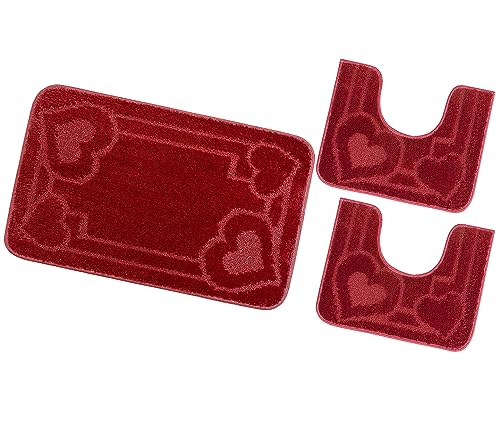 emmevi Tappeto Bagno Parure Soffice Antiscivolo Assorbente Lavabile Moderno MOD.Moorea 8 Set 3 Pezzi Rosso