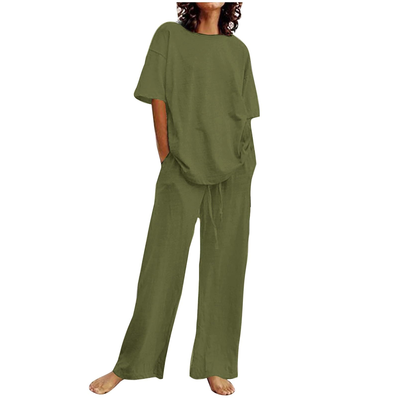 Vetement Femme Ensemble en Lin Chic et Elegant Pantalon Fluide + Haut Manches Courtes Printemps Été Ample 2 Pieces Décontracté Ample Respirant Tenue de Plage Survêtement Grande Taille Loungewear Set