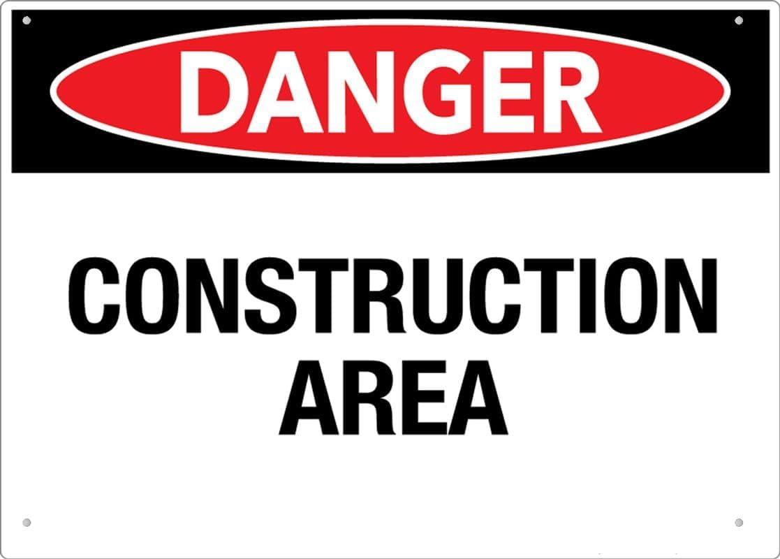 Danger Construction Area Rust Free Aluminum Tin Sign - Warning Decor with Pre-Drilled Holes for Indoor-Outdoor Building Site, Road Construction Zone - 8x12 Inch​