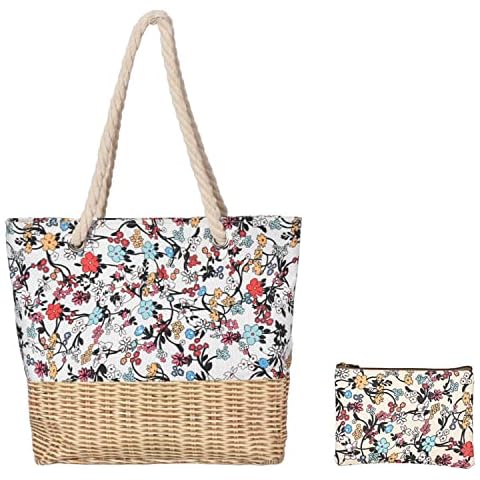Shoulder Bag for Women, KEYUSHOP Floral Canvas Tote Bags Straw Rattan Printing Handbags Beach Bags Everyday Bag Large Shopping Shopper with Zipper for Daily Use, Travel - 33×43×14cm Cover