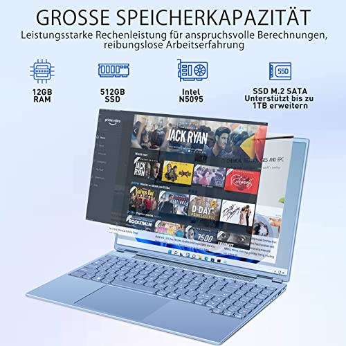 AOCWEI Laptop 16 Zoll 12GB RAM 512GB ROM Erweiterungen 2,5" 1 TB SSD, Laptop Win 11 mit 4-Core CPU N5095 (bis zu 2,9 GHz), 1920 * 1200丨5G WiFi丨Bluetooth & Deutsche Tastatur Aufkleber-Blau – Bild 3