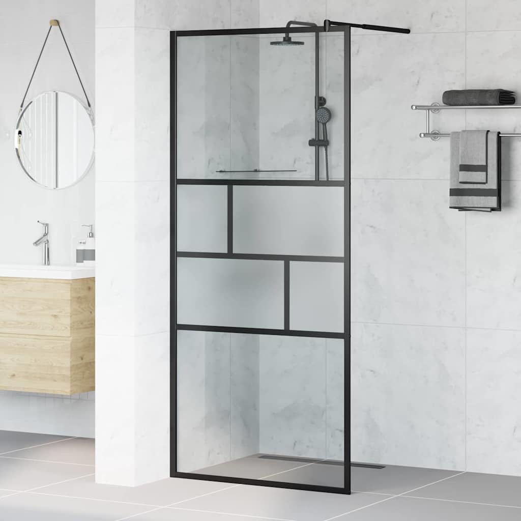 Ścianka prysznicowa Walk-in czarna ze szkła ESG i aluminium, 90 x 195 x 0,5 cm, bez ramy, bez barier, oszczędność miejsca, ochrona przed pryskaniem, do łazienki i pomieszczeń mokrych