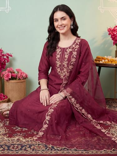 Image of INDO ERA Women's Silk Blend Embroidered Thread Work Kurta & Pant with Dupatta Set | Suit Set For Women