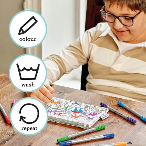 Image of eatsleepdoodle DIY Coloring Dinosaur Pencil Case for Kids with 10pcs Washable Markers, Reusable Art Supply Organizer, Fun Arts & Crafts Activity for Boys & Girls, Creative Gift Idea for Ages