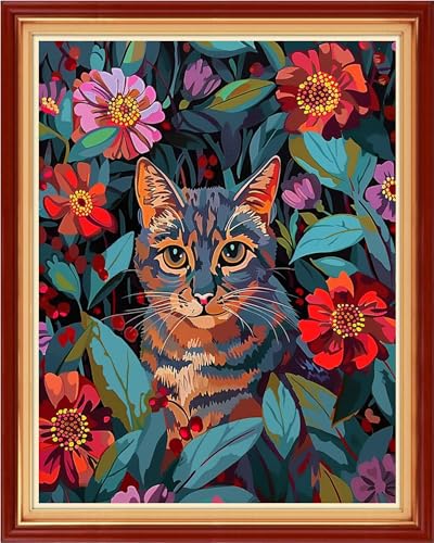 Image of Foxdiviy Stamped Cross Stitch Kits for Beginners Full Range of Cross Stitching 11 CT Printed Cross Stitch Kits for Adults Cross Stitch Patterns Needlepoint Kits-Flower Cat 16x20 inch