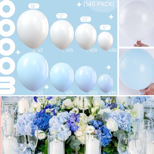 Image of PartyWoo Blue and White Balloons, 140 pcs Pastel Blue and White Balloons Different Sizes Pack of 18 Inch 12 Inch 10 Inch 5 Inch for Balloon Garland or Arch as Birthday Decorations, Party Decorations