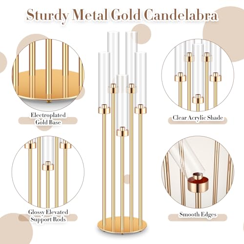 Tandefio 4 Set 5 Arm Gold Candelabra Centerpieces for Table, 35'' Tall Wedding Metal Candlestick Floor Holder Acrylic Clear Lampshades with 20 LED Candles for Wedding Party Event Table Fireplace Decor - Image 7