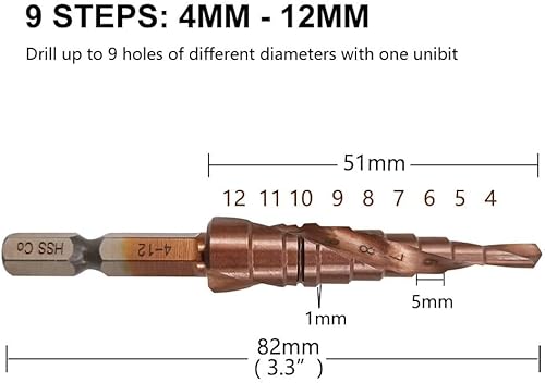 Miniatura 7 de Hymnorq Broca escalonada para acero inoxidable y hierro, acero cobalto de grado M35, flautas de doble espiral, vástago hexagonal de 14 de pulgada, 9