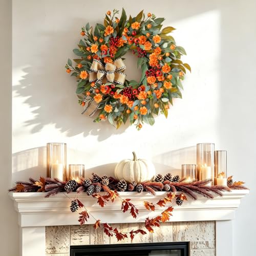 Image of 24 Inch Harvest Fall Wreaths for Front Door Outside with Bow & Red Berries | Artificial Autumn Leaf Wreaths with Lifelike Orange Camellia-Rustic Farmhouse Mantel Porch Decor for Thanksgiving Halloween