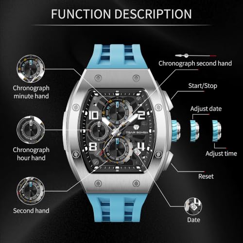 Image of TSAR BOMBA Men's Luxury Quartz Watch, Luminous Dial 5ATM Water Resistance Silicone Strap Men's Wristwatch Ideal Gift for Men