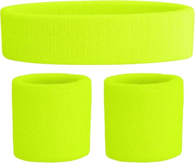 COSHAL 1 Headband & Wrist Bands for Ladies Gym Exercise Sports Neon Sweat SET 80s Fancy Dress Accessories Neon 1 Headbands and 2 Wristbands Sports Accessories Yellow