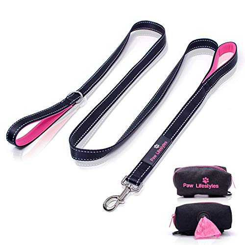 Paw Lifestyles Heavy Duty Dog Leash + Matching Dog Poop Bag Dispenser Bundle - 2 Handles - Padded Traffic Handle for Extra Control, 7ft Long - Perfect Leashes for Medium to Large Dogs
