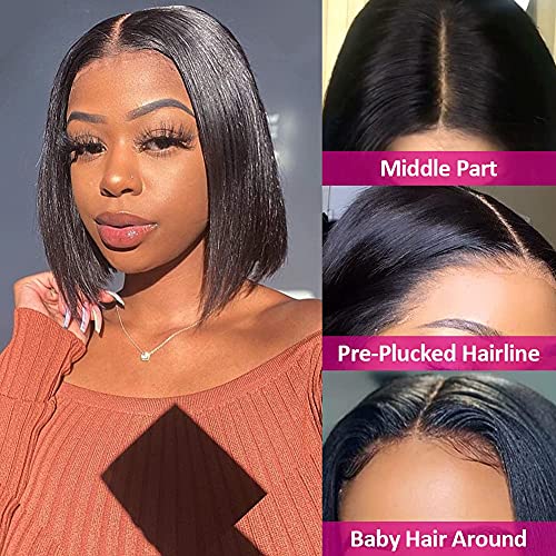 Pizazz-Short-Bob-Lace-Front-Human-Hair-Wigs-For-Women-Pre-Plucked-14inch-150-Density-Brazilian-Straight-T-Part-Lace-Front-HD-Transparent-Wigs-with-Baby-Hair