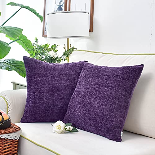 Image of CaliTime Pack of 2 Cozy Throw Pillow Covers Cases for Couch Sofa Home Decoration Solid Dyed Soft Chenille 12 X 12 Inches Plum Purple