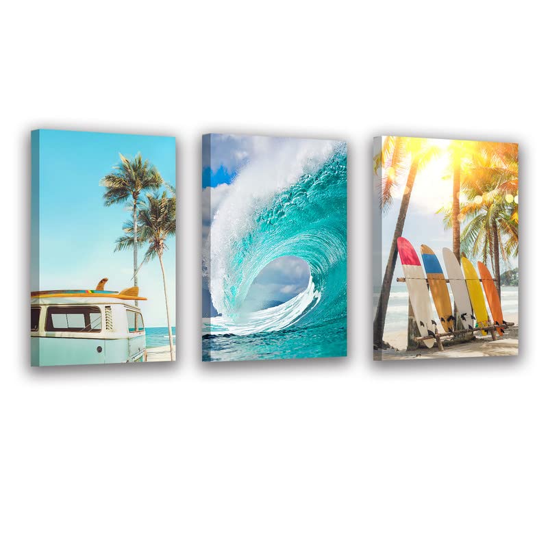 EORMWENRYBeach Picture Coastal Wall Art Summer Surfboard Poster Seashore Artwork Blue Surfboard Print Painting Ocean Bathroom Decor Wall Art for Living Room 3 Pieces Each Panel 12x16 inch Unframed