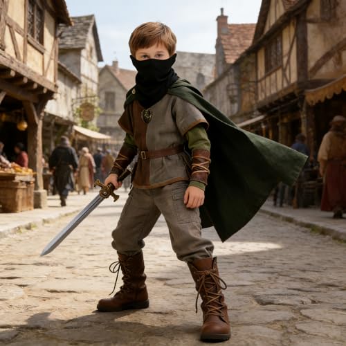 Image of 8 Pcs Medieval Viking Costume for Kids Boys Renaissance Dress Up