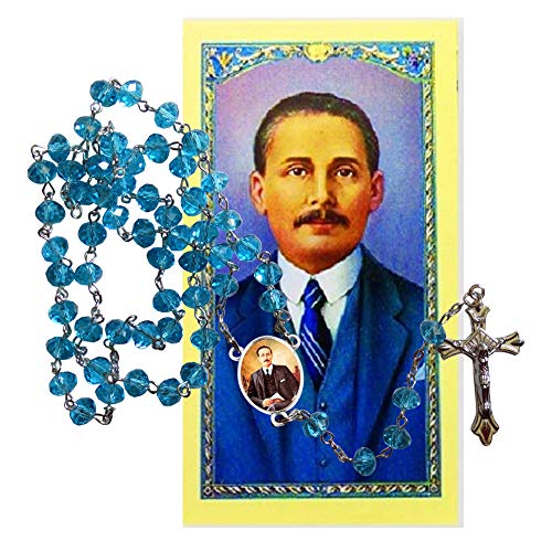 Jose Gregorio Hernandez Medico Venezolano Aquamarine Crystal Faceted Rondelle 8mm Beads Rosary with Silver Plated Crucifix and Medal Centerpiece Includes a Prayer Card2