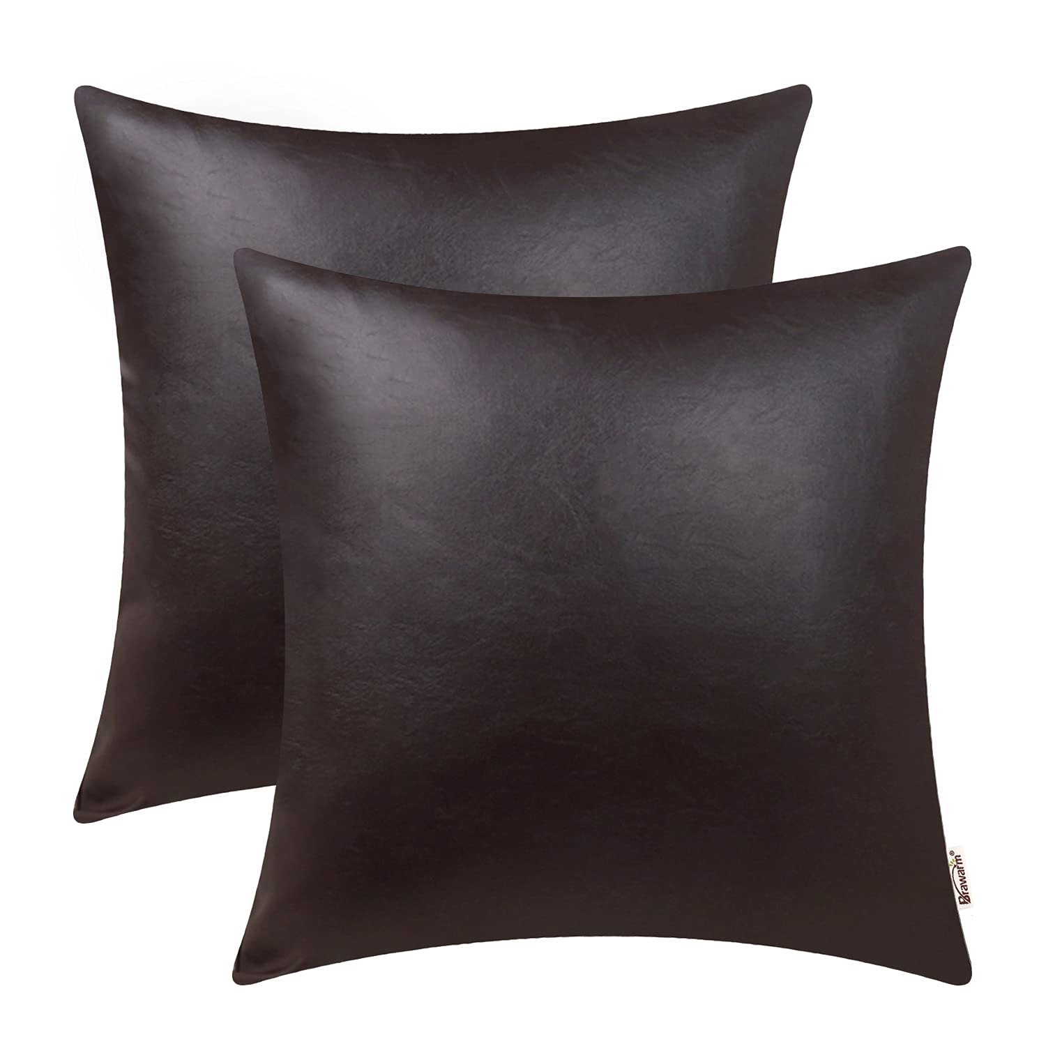 BRAWARM Decorative Throw Pillow Covers, Faux Leather Throw Pillow Covers, Solid Faux Leather Couch Cases for Living Room Garden Bed, Sea Brown 24 X 24 Inches, Pack of 2