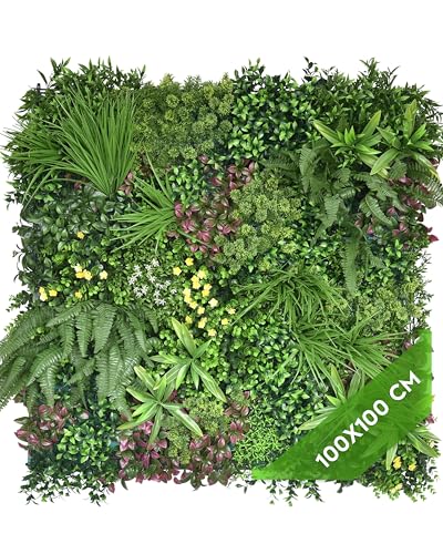 JELLE &amp; JACOB Mur Vegetal Artificiel Exterieur et Interieur, Panneau Mur végétal 100x100 cm -Evergreen-, Facile d’Entretien et Durable – pour Une Ambiance Cosy, Plante Murale Artificielle