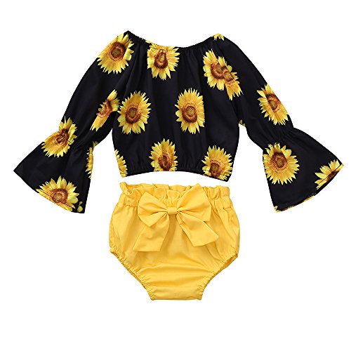 UUSUNI 2PCS Children's Girls Sunflower Print Long Sleeved Top Clothes+Shorts Set Outfit(Yellow,80)