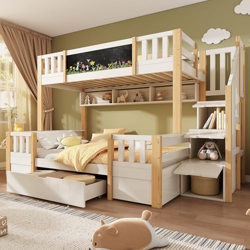 LAKFEW Litera 90(140) x200 cm con Cajón Grande y Escalera Almacenaje, Cama Infantil con Pizarra y Estante Almacenamiento, Cama Litera Matrimonio con Protección Anticaída, Natural+Blanco, Sin Colchón