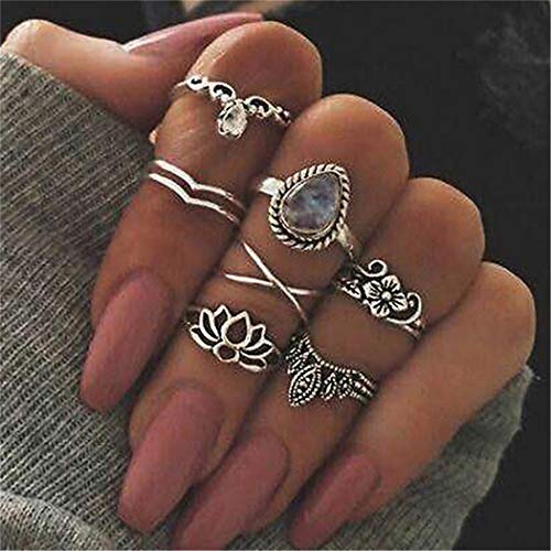 LIUCM 7Pcs/Set Flower Stone Midi Ring Sets Hollow Lotus Moon Vintage Crystal Opal Knuckle Rings for Women Jewelery(Silver)