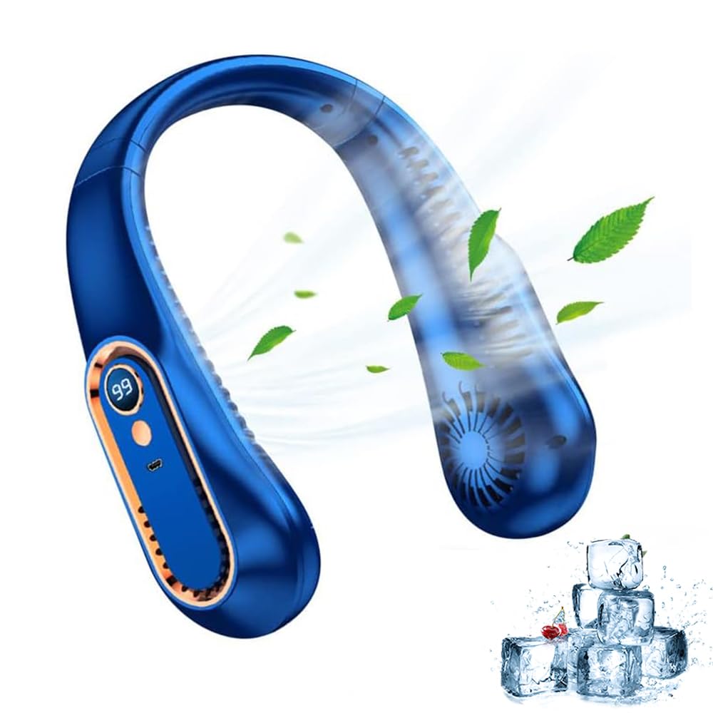 TASBER Portable Neck Fan, Hands Free Bladeless, 5 Speeds, USB Rechargeable Bladeless Cooling Fan, Quiet Neck Cooler Personal Hanging Fan for Indoor Outdoor Travel SportsWomen Men (Blue)