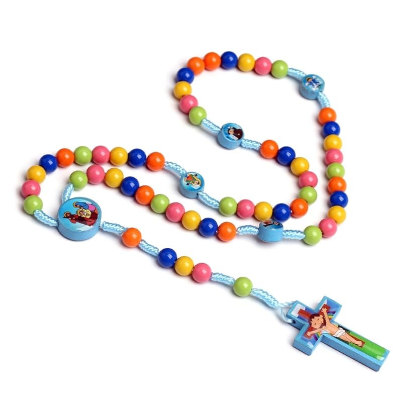 Cartoon Cross Rosary Necklace Handmade Colorful Round Beads Pendant For Kid Girls Boys Children Catholic Prayer Jewelry Rosary Necklace For Women