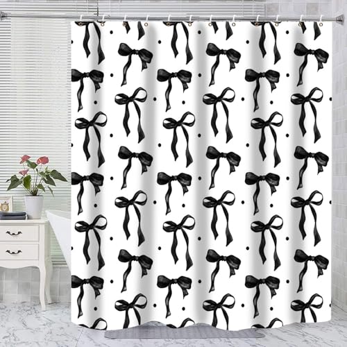 Black Shower Curtain Bathroom Decor Cute Bathroom Curtain White Black Bow Design Coquette Teen Girls Shower Curtain Set 12 Hooks Waterproof Fabric Aesthetic Girly Bath Curtain for Women 72x72 In