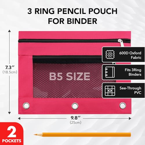 Image of 3 Ring Pencil Pouch for Binder, 2-Pocket Zipper Pencil Case with Clear Window & Mesh Pocket, 600D Oxford Fabric Binder Pouch for School Office Supplies, Fits Standard 3-Ring Binders, Rose Red