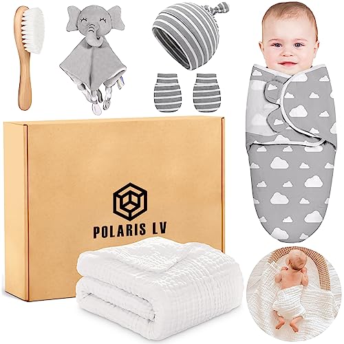 Image of POLARIS LV - New Born Gift for Baby Shower,Baby Boy or Baby Girl,Security Blanket, Newborn Essential Sleeping Bag and Muslim Blanket,Hat and Gloves, Hair Brush, Neutral Gender