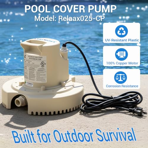 Image of Automatic Pool Cover Pump 115V,1 /4HP, 1860GPH Submersible Water Removal Pump for In /Above Pool Covers, 3 /4 inch Garden Hose Adapter, Plug-and-Play, UL Certified and With 25Ft Cord