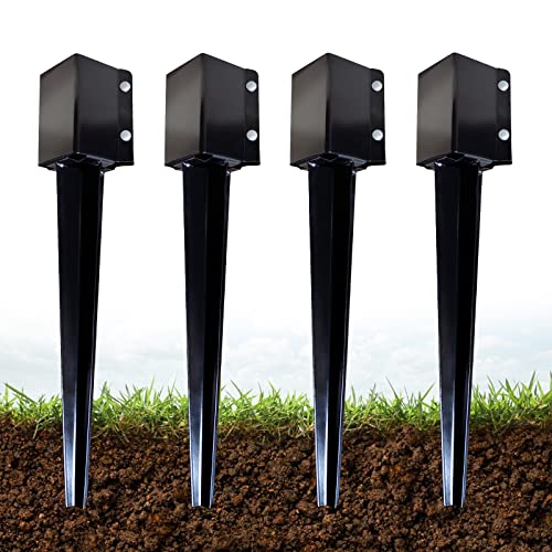 ARIFARO Fence Post Anchor 24 inch Ground Spike Heavy Duty Metal Black Powder Coated Fence Stakes Post, 4x4 inch(3.5 x3.5 inch Inner) Pack of 4