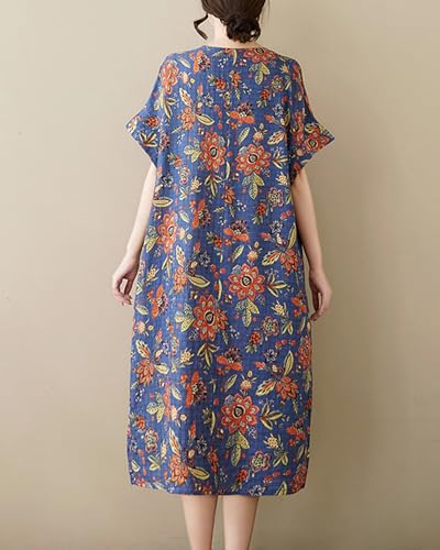 Image of LUZU JUNU Women's Summer Baggy Plus Size Loose Cotton Linen Long Boho Beach Dress with Pockets