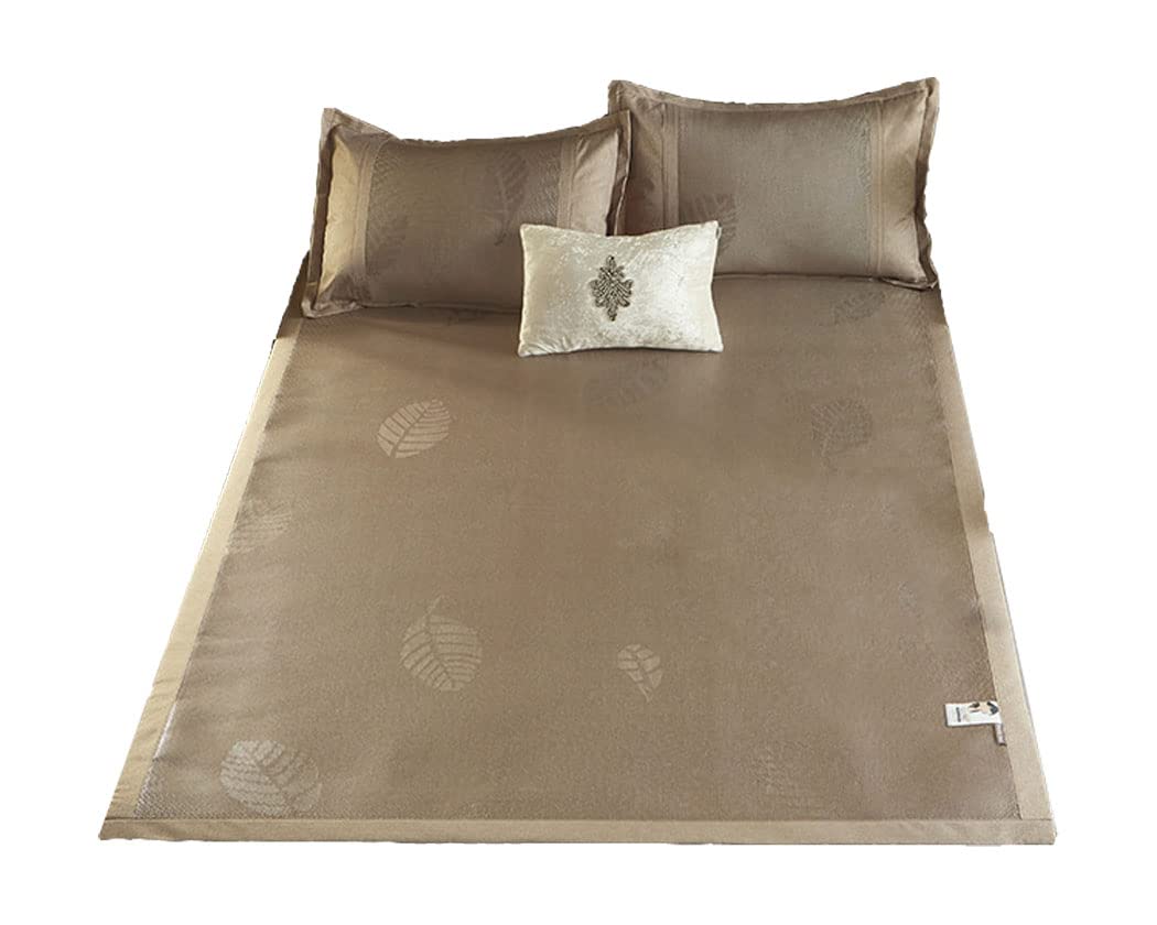 Square Cooling Bedding Mat,Ice Silk Rattan Matting,Foldable Jacquard Mixed Ice Silk & Rattan Mat,冰藤席 (Gold, Queen)