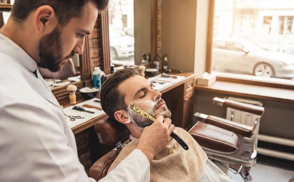 Image of Barber Shaving Razor for Men | Foldable Stainless Steel Straight Razor with Handle | Manual Beard Shaving and Trimming Razor for Barbers, Salons and Home Grooming (Golden)