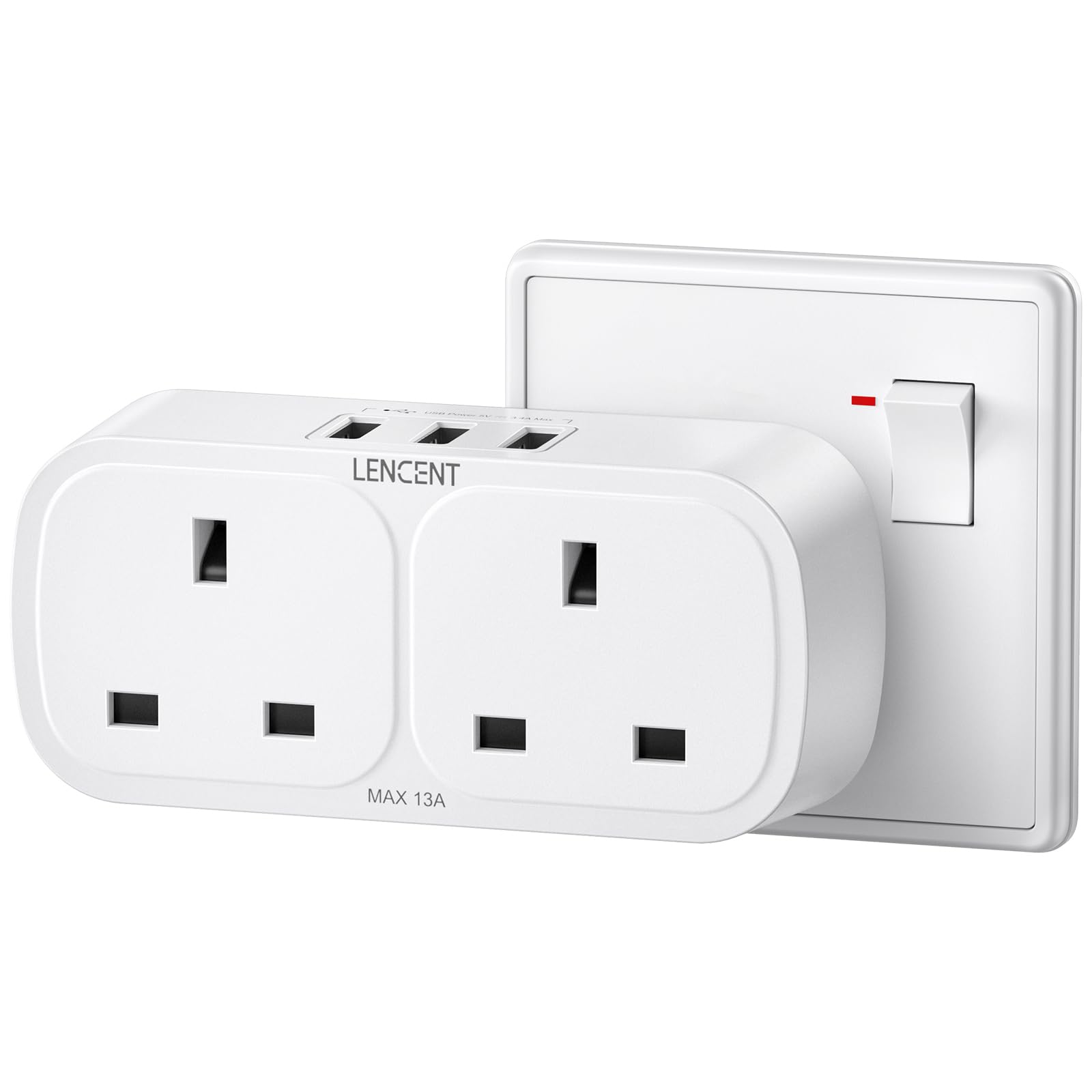 LENCENT USB Plug Extension with 3 USB Ports, 2 Way USB Socket Extension, 5-in-1 USB Outlet Plug Extender for Household Appliances, iPhone, Smartphone Tablets, Ideal for Home Office Bedroom, 13A 3250W