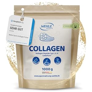 Collagen Pulver 1 kg – Kollagenhydrolysat Peptide Typ I, II & III – Geschmacksneutrales Eiweißpulver – Made in Germany – Wehle Sports (1000g (1er Pack)) – Verpackung kann variieren.