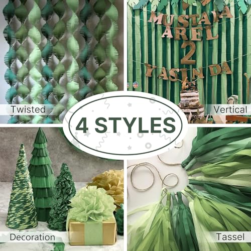 Image of PartyWoo Sage Green Crepe Paper Streamers 6 Rolls 492 ft Pack of Hunter Sage Green Gold Sand White Crepe Paper for Jungle Safari Graduation Birthday Party Decorations (1.8 Inch x 82 Ft /Roll)