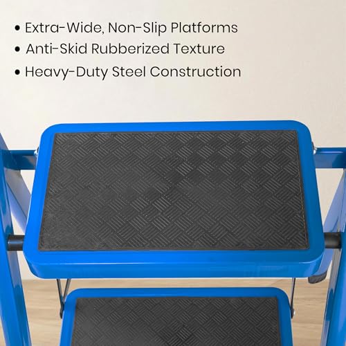 Image of Norman Jr Blue 5 Step Ladder for Home Use with Built-in Tool Tray | Heavy Duty D Shape Rods | Ultra Large Platform | Wide Rubber Feet | 150Kg Capacity Foldable Ladder - 7 Years Warranty