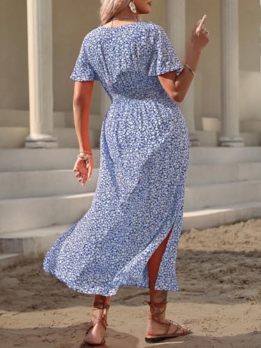 Image of Floerns Women's Plus Size Boho Hawaiian Tropical Dresses V Neck Short Sleeve Floral A Line Long Dress Vacation Beach Outfits