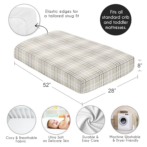 Image of Sweet Jojo Designs Fitted Baby Crib Sheets (Taupe Plaid) for Boys /Girls, Infant Nursery, Toddler Room - Standard Size (Earth Tones Checkered Tartan, Modern, Farmhouse for Boho Teddy Bear Collection)