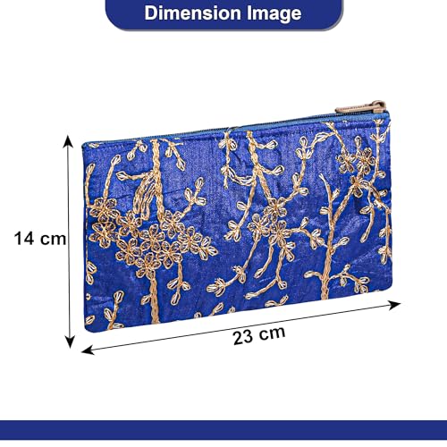 Image of Kuber Industries 2 Pcs Polyester Hand Purse for Woman & Girls with Zip | Lightweight & Compact Ladies Purse /Wallet for Party, Wedding & Events | Embroidery Design - Blue
