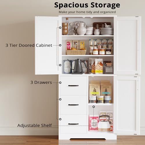 IRONCK Pantry Cabinet, 67.5 inch Tall Storage Cabinet with 3 Doors & Drawers, Farmhouse Kitchen Cabinet with Adjustable Shelves, 5 Tier Freestanding Cupboard for Kitchen - Image 5