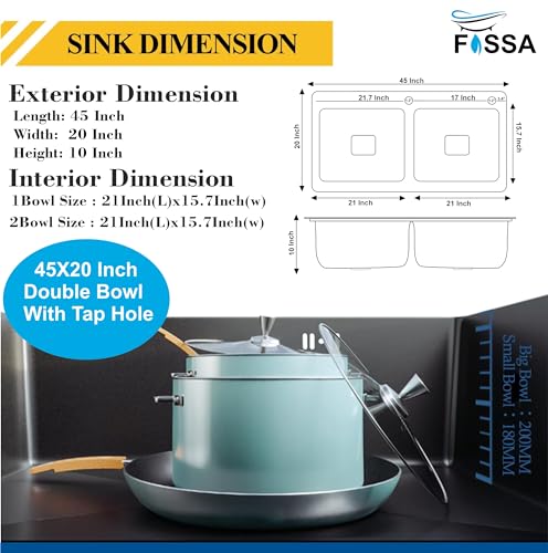Image of Fossa 45 inchx20 inchx10 inch Inch 5-Year Warranty Premium Stainless Steel Double Bowl Kitchen Sink with Tap Hole, Drain Basket, Soap Dispenser & Drain | Home Kitchen Black (Matte Finish)