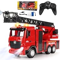 Joellfuner Feuerwehrauto Ferngesteuert, 1:18 15-Kana Groß Feuerwehr Spielzeug, Feuerwehr-Truck Spielzeugauto, Feuerwehr Auto Kinder mit 66 cm Leiter und Wasserspritze, Sound und Licht