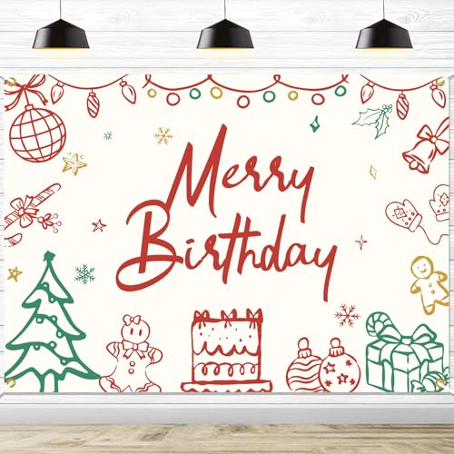 Merry Birthday Backdrop Christmas Birthday Decorations Merry Christmas Happy Birthday Party Photo Background 7 * 5Ft