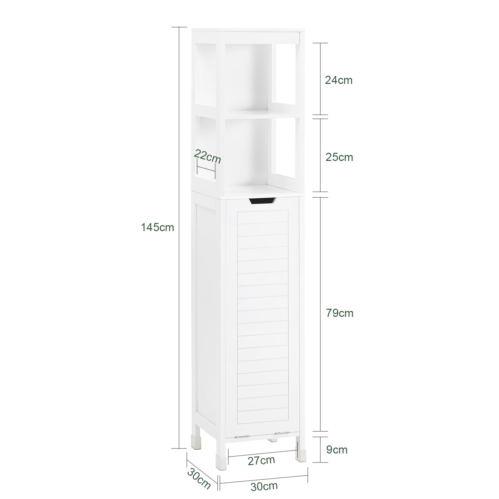 SoBuy Mueble Baño Estrecho con Cesto para Ropa Sucia 30x30x145 cm | Armario Baño, Columna con Estantes Abiertos & Compartimento Abatible, Mueble Auxiliar Blanco BZR123-W